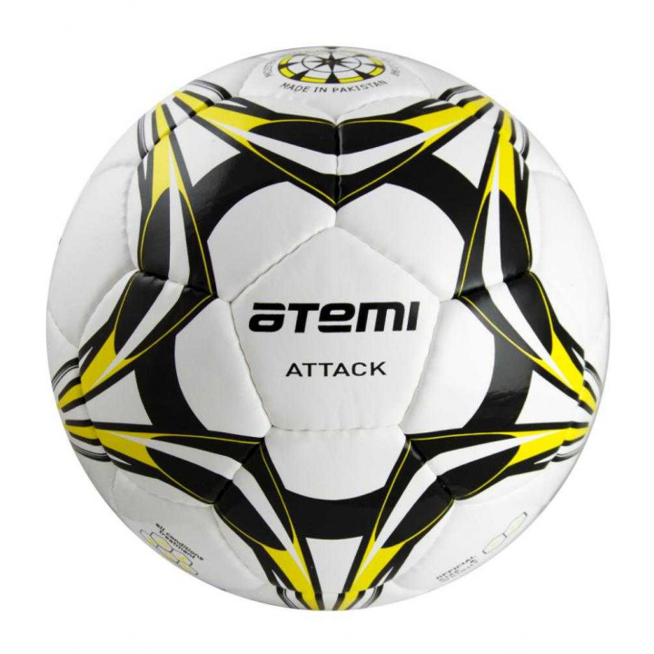 Мяч футбольный Atemi ATTACK, MICRO FIBER PU 1.3MM, бел/чёрн/жёлт, р.5, р/ш, 32 п, окруж 68-71